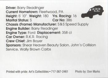 1994 Art's Collectibles Pennsylvania Tri Track Sportsman Modified Series I #22 Barry Readinger Back
