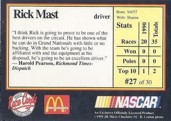 1991 Maxx McDonald's #27 Rick Mast Back