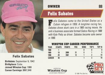 1991 Pro Set #88 Felix Sabates Back