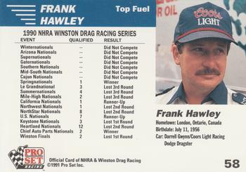 1991 Pro Set NHRA #58 Frank Hawley's Car Back