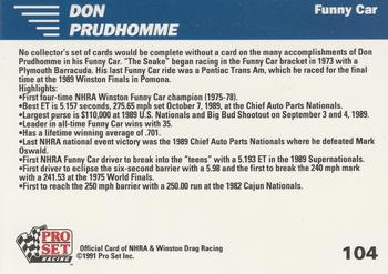1991 Pro Set NHRA #104 Don Prudhomme Funny Car Back