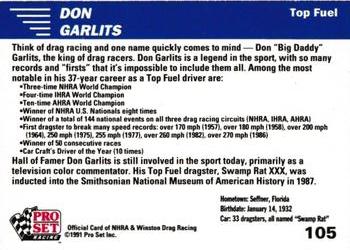 1991 Pro Set NHRA #105 Don Garlits Back
