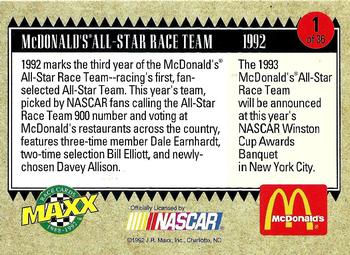 1992 Maxx McDonald's All-Star Race Team #1 Dale Earnhardt / Davey Allison / Bill Elliott Back