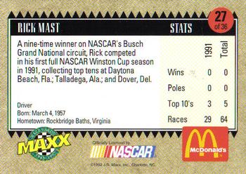1992 Maxx McDonald's All-Star Race Team #27 Rick Mast Back