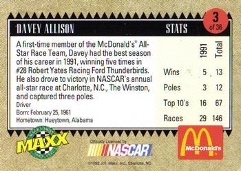 1992 Maxx McDonald's All-Star Race Team #3 Davey Allison Back