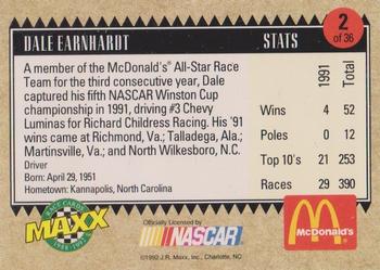 1992 Maxx McDonald's All-Star Race Team #2 Dale Earnhardt Back