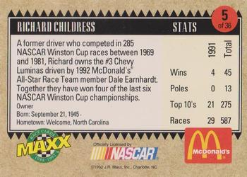 1992 Maxx McDonald's All-Star Race Team #5 Richard Childress Back