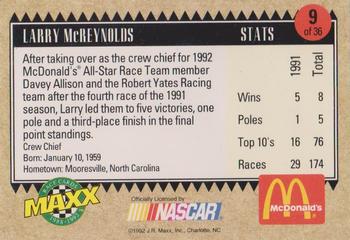 1992 Maxx McDonald's All-Star Race Team #9 Larry McReynolds Back