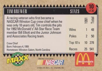 1992 Maxx McDonald's All-Star Race Team #10 Tim Brewer Back