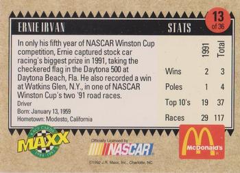 1992 Maxx McDonald's All-Star Race Team #13 Ernie Irvan Back
