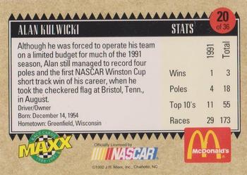 1992 Maxx McDonald's All-Star Race Team #20 Alan Kulwicki Back