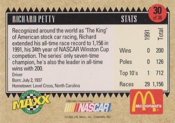 1992 Maxx McDonald's All-Star Race Team #30 Richard Petty Back
