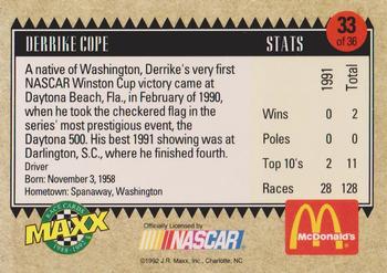 1992 Maxx McDonald's All-Star Race Team #33 Derrike Cope Back