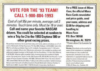 1992 Maxx McDonald's All-Star Race Team #NNO Cover Card Back