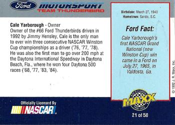 1992 Maxx Ford Motorsport #21 Cale Yarborough Back