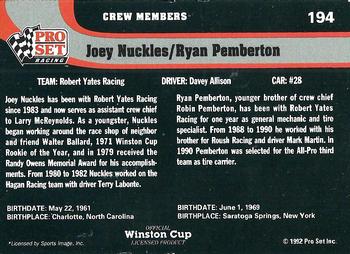 1992 Pro Set #194 Joey Knuckles / Ryan Pemberton Back