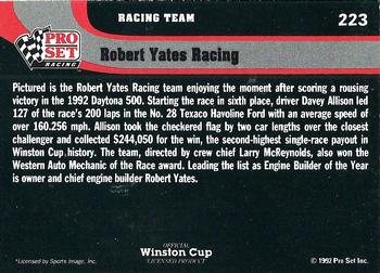 1992 Pro Set #223 Robert Yates Racing Back
