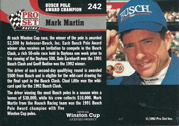 1992 Pro Set #242 Busch Pole Champion (Mark Martin) Back
