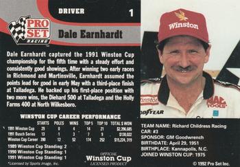 1992 Pro Set #1 Dale Earnhardt Back