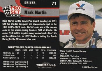 1992 Pro Set #71 Mark Martin Back