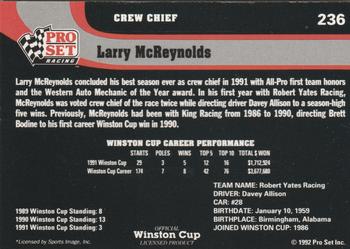 1992 Pro Set #236 Larry McReynolds Back