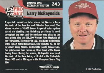 1992 Pro Set #243 Mechanic of the Year (Larry McReynolds) Back