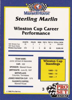 1992 Pro Set Maxwell House #3 Sterling Marlin Back