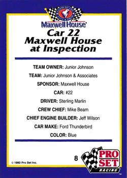 1992 Pro Set Maxwell House #8 Sterling Marlin's Car Back