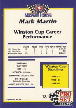 1992 Pro Set Maxwell House #13 Mark Martin Back