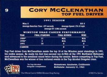 1992 Pro Set NHRA #9 Cory McClenathan Back