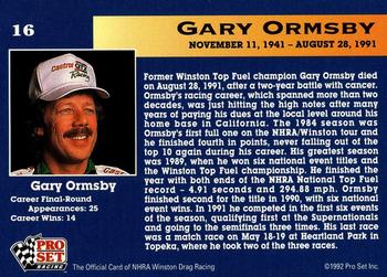 1992 Pro Set NHRA #16 Gary Ormsby Back