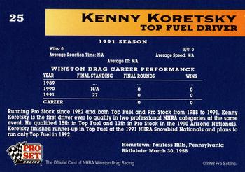 1992 Pro Set NHRA #25 Kenny Koretsky Back