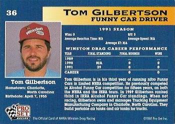 1992 Pro Set NHRA #36 Tom Gilbertson Back