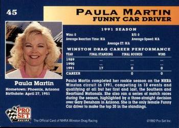 1992 Pro Set NHRA #45 Paula Martin Back