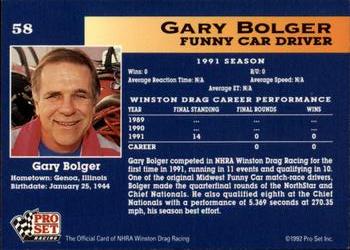 1992 Pro Set NHRA #58 Gary Bolger Back
