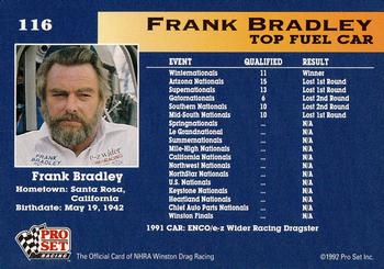 1992 Pro Set NHRA #116 Frank Bradley's Car Back