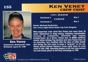 1992 Pro Set NHRA #155 Ken Veney Back