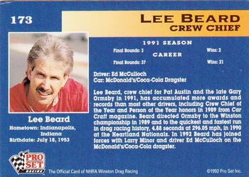 1992 Pro Set NHRA #173 Lee Beard Back