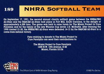 1992 Pro Set NHRA #189 NHRA Softball Team Back