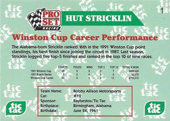 1992 Pro Set Tic Tac Hut Stricklin #1 Hut Stricklin Back