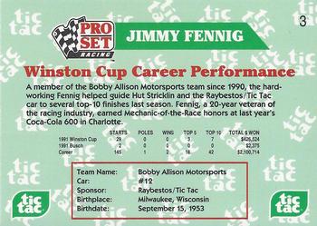 1992 Pro Set Tic Tac Hut Stricklin #3 Jimmy Fennig Back