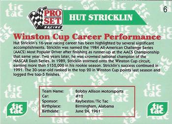 1992 Pro Set Tic Tac Hut Stricklin #6 Hut Stricklin Back