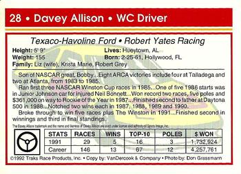 1992 Traks #28 Davey Allison Back