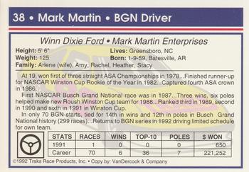 1992 Traks #38 Mark Martin Back