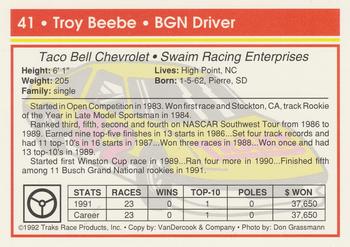 1992 Traks #41 Troy Beebe Back