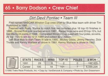 1992 Traks #65 Barry Dodson Back