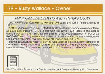 1992 Traks #179 Rusty Wallace Back