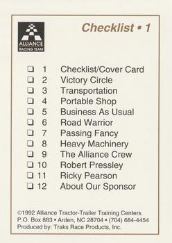 1992 Traks Alliance Robert Pressley #1 Cover/Checklist Card Back