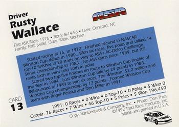 1992 Traks ASA #13 Rusty Wallace Back