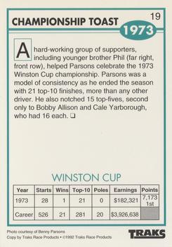 1992 Traks Benny Parsons #19 Championship Toast Back